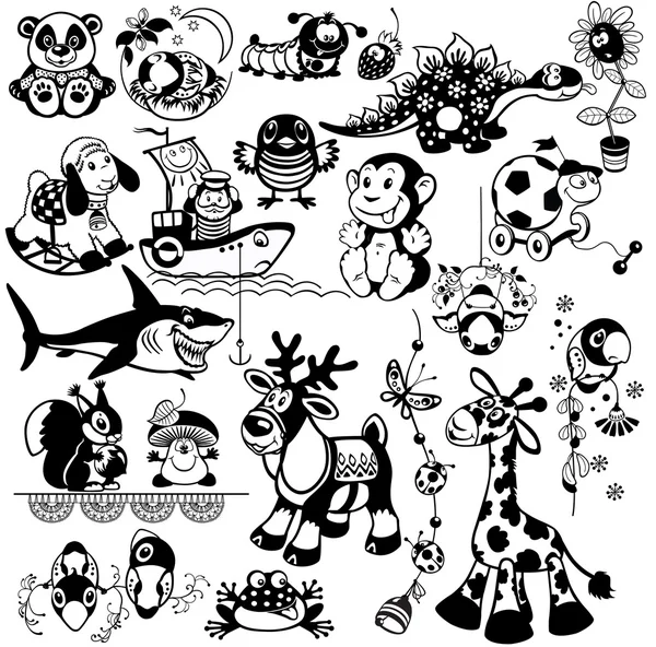 Hitam putih set dengan mainan hewan Stok Ilustrasi 