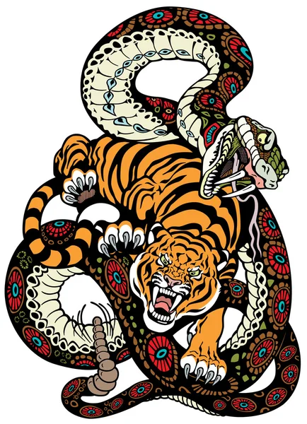 Serpiente y tigre lucha — Vector de stock