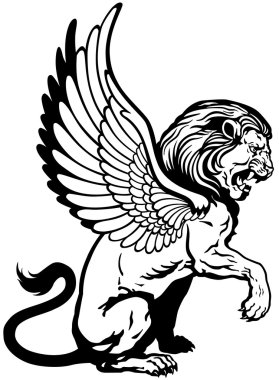 Sitting winged lion black white clipart