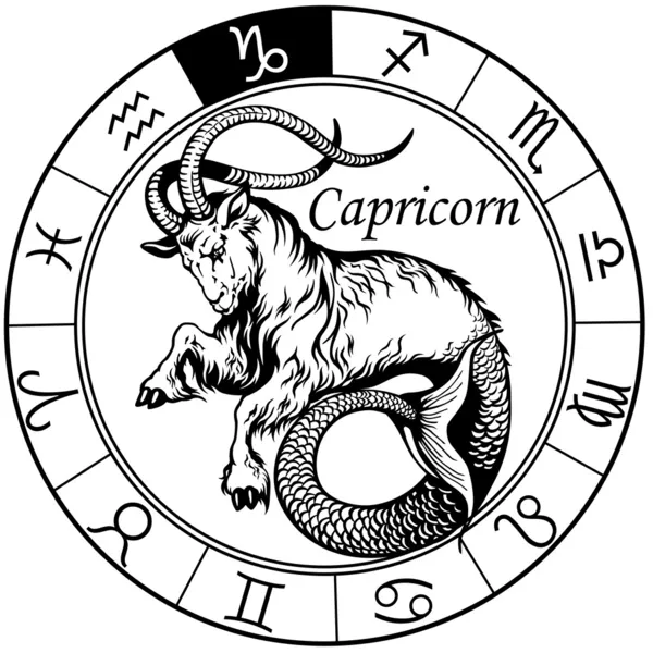 Capricorno segno zodiacale nero bianco — Vettoriale Stock
