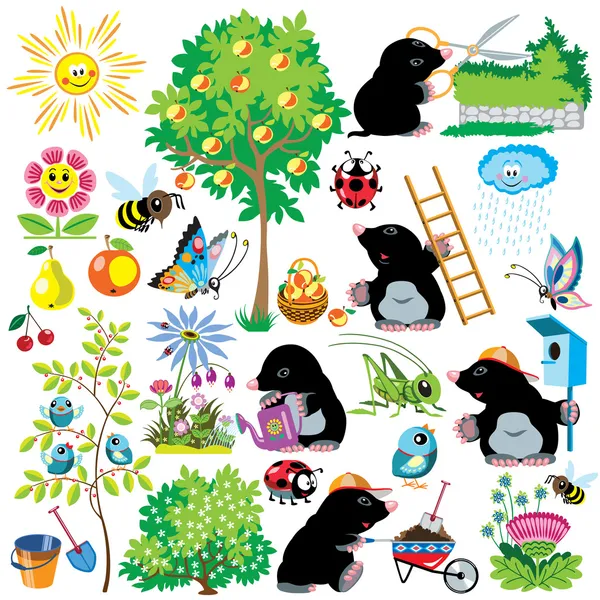 Set with mole gardener — Stock Vector