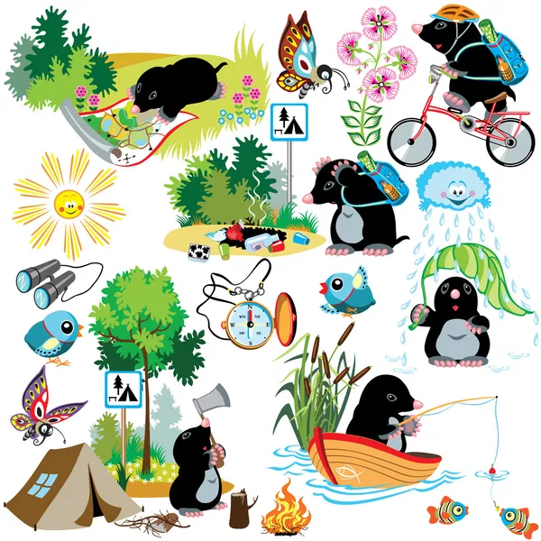 Cartoon set with mole in camping — Stock Vector