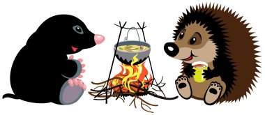 Mole and hedgehog near campfire clipart