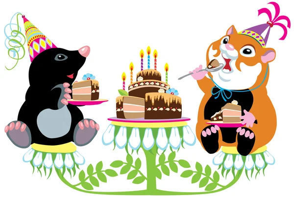 Topo y hámster comiendo pastel de cumpleaños — Vector de stock