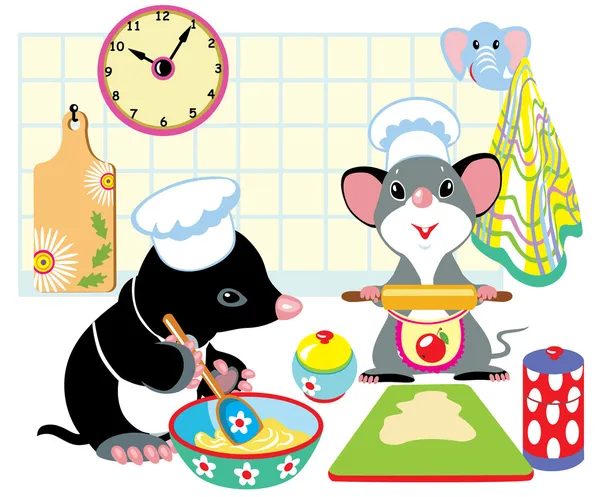 Topo y ratón preparando la masa — Archivo Imágenes Vectoriales