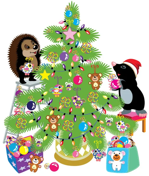 Mole and hedgehog decorating a christmas tree — Stock Vector