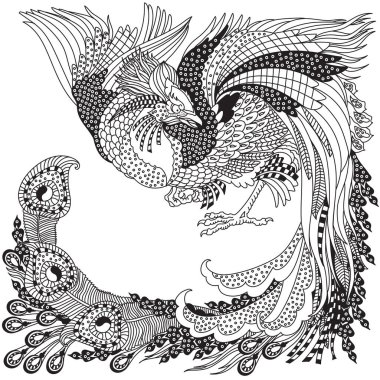 Çin Anka kuşu ya da Feng Huang Fenghuang mitolojik kuşu. İlahi Feng Shui hayvanlarından biri. Grafik stili vektör illüstrasyonu. Siyah ve beyaz