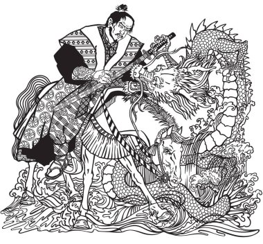 Japon ejderhası samuraya bir katana kılıcı verir. Doğu Asyalı mitolojik bir yaratık bir savaşçıyla buluşuyor. Grafiksel biçim siyah ve beyaz vektör illüstrasyonu