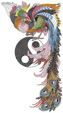 Çin Anka kuşu veya Feng Huang Fenghuang mitolojik kuş ve Yin Yang sembolü. İlahi Feng Shui hayvanlarından biri. Grafiksel biçim vektör illüstrasyonu