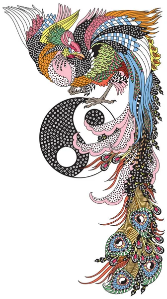 Chinese Phoenix Fenghuang 새이며 양양의 상징이다 천상의 풍수중 그래픽 스타일 — 스톡 벡터