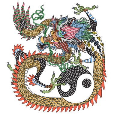 Doğu Asya ejderhası ve Yin Yang sembolü. Geleneksel Çin mitolojik yaratığı. İlahi Feng Shui hayvanlarından biri. Grafiksel biçim vektör illüstrasyonu 