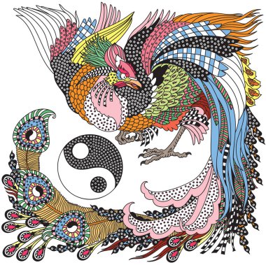 Çin Anka kuşu veya Feng Huang Fenghuang mitolojik kuş ve Yin Yang sembolü. İlahi Feng Shui hayvanlarından biri. Grafiksel biçim vektör illüstrasyonu