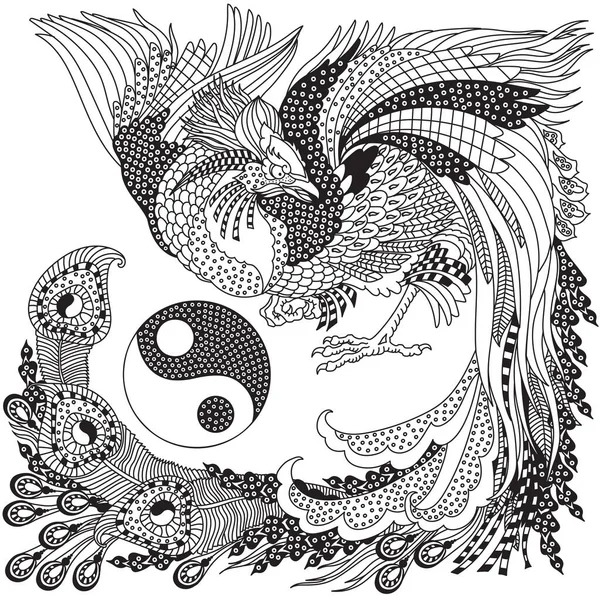Китайский Феникс Фэн Хуан Фэнхуан Мифологическая Птица Символ Инь Один — стоковый вектор