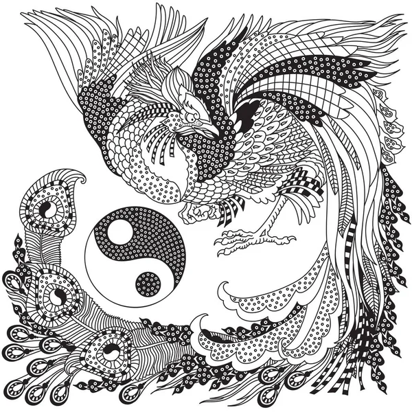 Phœnix Chinois Feng Huang Oiseau Mythologique Fenghuang Symbole Yin Yang — Image vectorielle