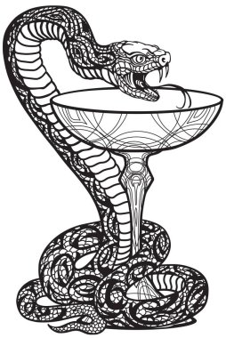 Bowl of Hygieia with a snake twined around it. Symbol of medicine and pharmacy. Graphic style vector illustration. Black and white clipart