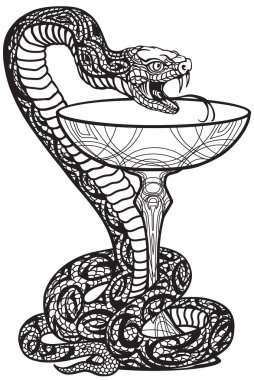 Bowl of Hygieia with a snake twined around it. Symbol of medicine and pharmacy. Graphic style vector illustration. Black and white vector Bowl of Hygieia with a snake twined around it. Symbol of medicine and pharmacy. Graphic style vector illustration. Black and white vector