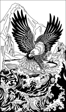 Kartal Fırtınalı Deniz 'in üzerinde alçaktan uçuyor. Bir yırtıcı kuş, dağ, kaya ve suyla birlikte bir arazide uçar. Grafik stili vektör illüstrasyonu. Siyah ve beyaz