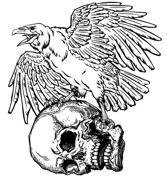 Raven Sits Human Skull Tattoo Style Black White Vector Illustration — Stock Vector