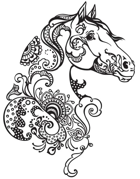 Tête Cheval Style Floral Tatouage Henné Mehndi Illustration Vectorielle Noir — Image vectorielle