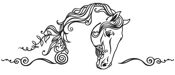 Hästhuvudprydnad Mehndi Henna Tatuering Svart Och Vitt Kontur Vektor Illustration — Stock vektor