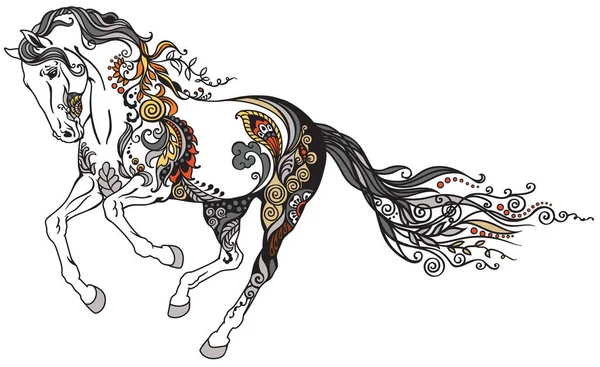 Бегущий Верхом Лошади Скачущий Дикий Пони Мустанг Цветочный Стиль Татуировка — стоковый вектор