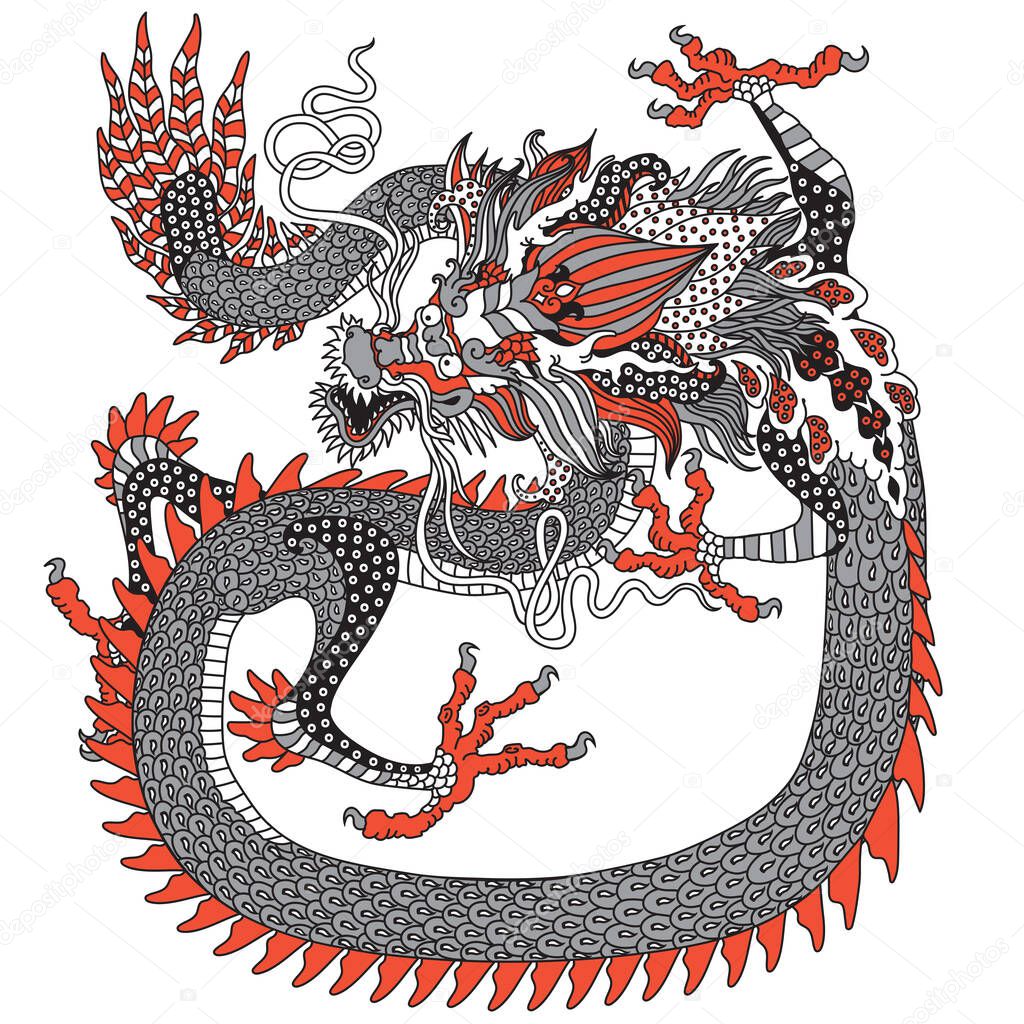 East Asia dragon. Traditional Chinese mythological creature. One of celestial feng shui animals. Graphic style vector illustration