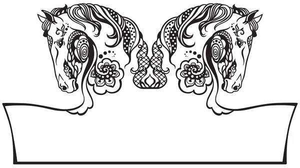 Dos Cabezas Caballo Perfil Estilo Floral Banner Plantilla Logotipo Ilustración — Archivo Imágenes Vectoriales
