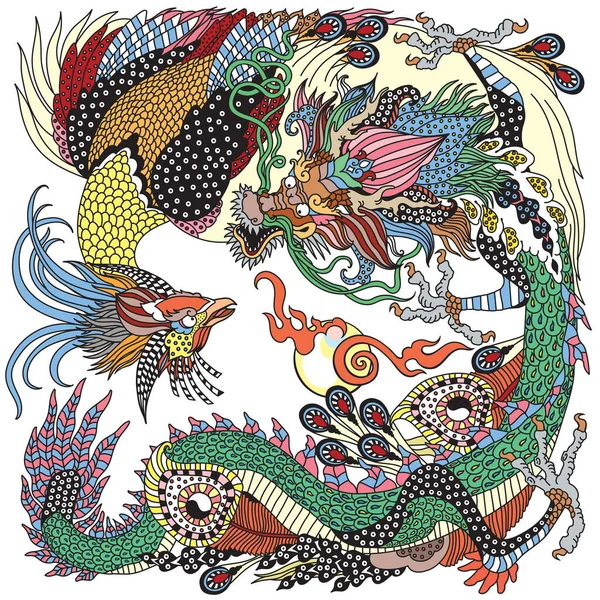 Yeşim Yeşil Ejder ve Altın Anka Kuşu Feng Huang inci oynuyor. İki kutsal mitolojik yaratık. Bir Çin Folklor Efsanesi ya da Efsanesi 'nden esinlenilmiş vektör illüstrasyonu