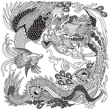 Yeşim Yeşil Ejder ve Altın Anka Kuşu Feng Huang inci oynuyor. İki kutsal mitolojik yaratık. Çin folklor efsanesi veya efsanesinden esinlenilmiş siyah ve beyaz vektör illüstrasyonu