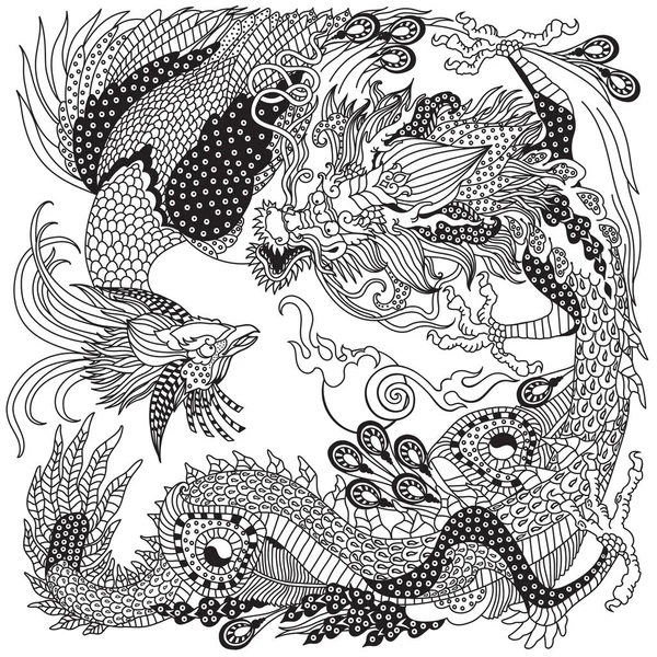 Jade Green Dragon Gold Phoenix Feng Huang Spelen Een Parel — Stockvector