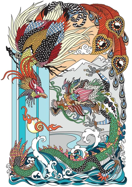 Jade Green Dragon Gold Phoenix Feng Huang Jouant Une Perle — Image vectorielle