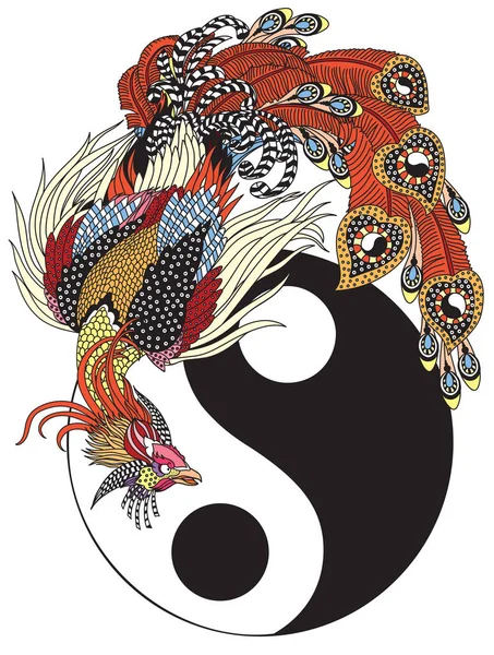 Китайский Феникс Волшебная Птица Фэн Хуан Инь Янь Символ Гармонии — стоковый вектор