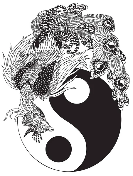 Phoenix Chinezesc Sau Feng Huang Pasăre Magică Yin Yang Simbol — Vector de stoc