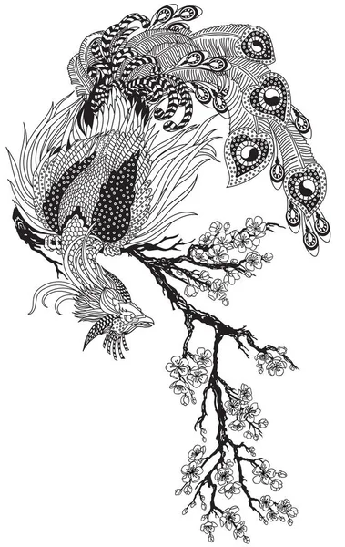 Magical Phoenix Sitting Blossom Sakura Branch Chinese Mythological Bird Feng — Stock vektor