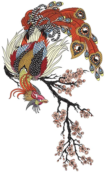 Magical Phoenix Sitting Blossom Sakura Branch Chinese Mythological Bird Feng — ストックベクタ