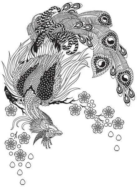 Magical Phoenix Sitting Blossom Sakura Branch Chinese Mythological Bird Feng — 图库矢量图片