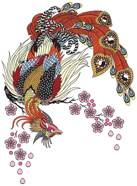 Magical Phoenix Sitting Blossom Sakura Branch Chinese Mythological Bird Feng — Stockvektor