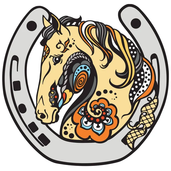 Horse Head Horseshoe Floral Style Decor Emblem Symbol Luck Fortune —  Vetores de Stock