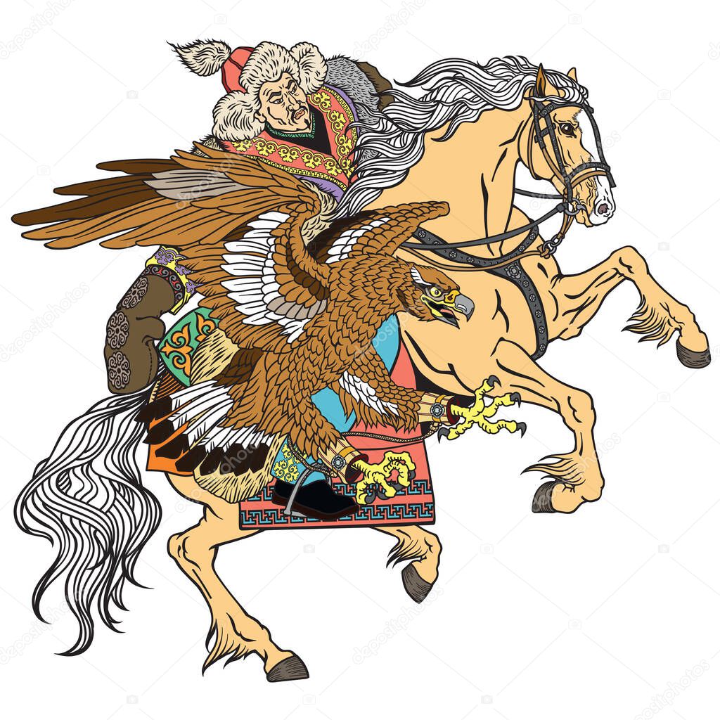 Hunting with golden eagle on a horse. Kazakh nomad hunter wearing a fur jacket, hat and skin gloves and sitting on pony horseback in the gallop. Traditional falconry in the Eurasian Steppe. Illustration