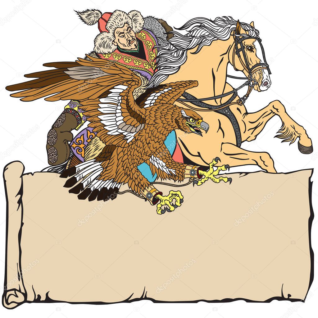 Hunting with a golden eagle on a horse. Kazakh nomad hunter sitting on pony horseback in the gallop. Traditional falconry in the Eurasian Steppe. Template with an ancient scroll