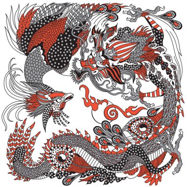 Dragon ve Phoenix Feng Huang inci oynuyor. İki kutsal mitolojik yaratık. Bir Çin Folklor Efsanesi ya da Efsanesi 'nden esinlenilmiş vektör illüstrasyonu