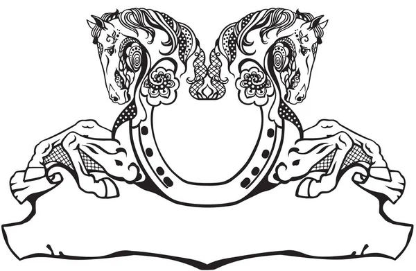 馬蹄形と装飾馬2頭 バナー 花のスタイルの装飾 幸運と幸運の象徴 ベクターイラスト — ストックベクタ