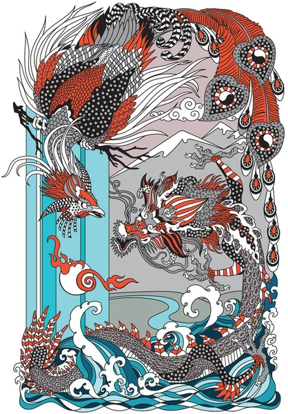 Asian Dragon Phoenix Feng Huang Bawią Się Perłą Dwie Niebiańskie — Wektor stockowy