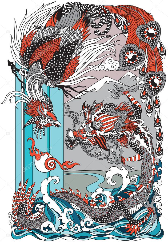 Asian Dragon and Phoenix Feng Huang playing with a pearl. Two celestial mythological creatures. Vector illustration inspired by a Chinese Folklore Legend or Myth, Tale