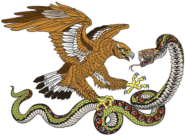 Águila Luchando Con Una Serpiente Serpiente Ilustración Vectorial Estilo Tatuaje — Archivo Imágenes Vectoriales