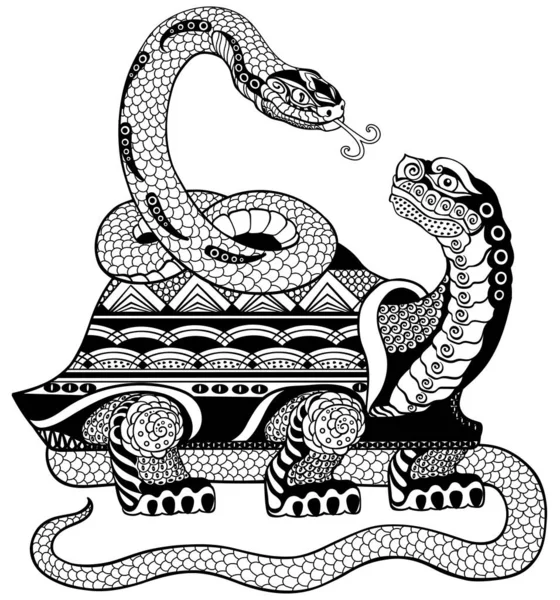 Черепаха Черепаха Переплетенные Вместе Змеей Черно Белая Изолированная Векторная Иллюстрация — стоковый вектор