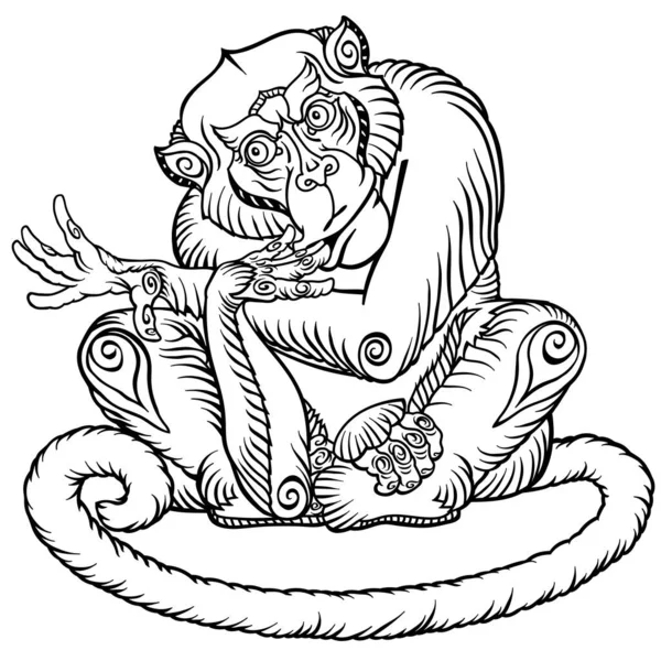 Μια Έξυπνη Μαϊμού Καθιστή Στάση Μπροστά Ασπρόμαυρη Απομονωμένη Διανυσματική Απεικόνιση — Διανυσματικό Αρχείο