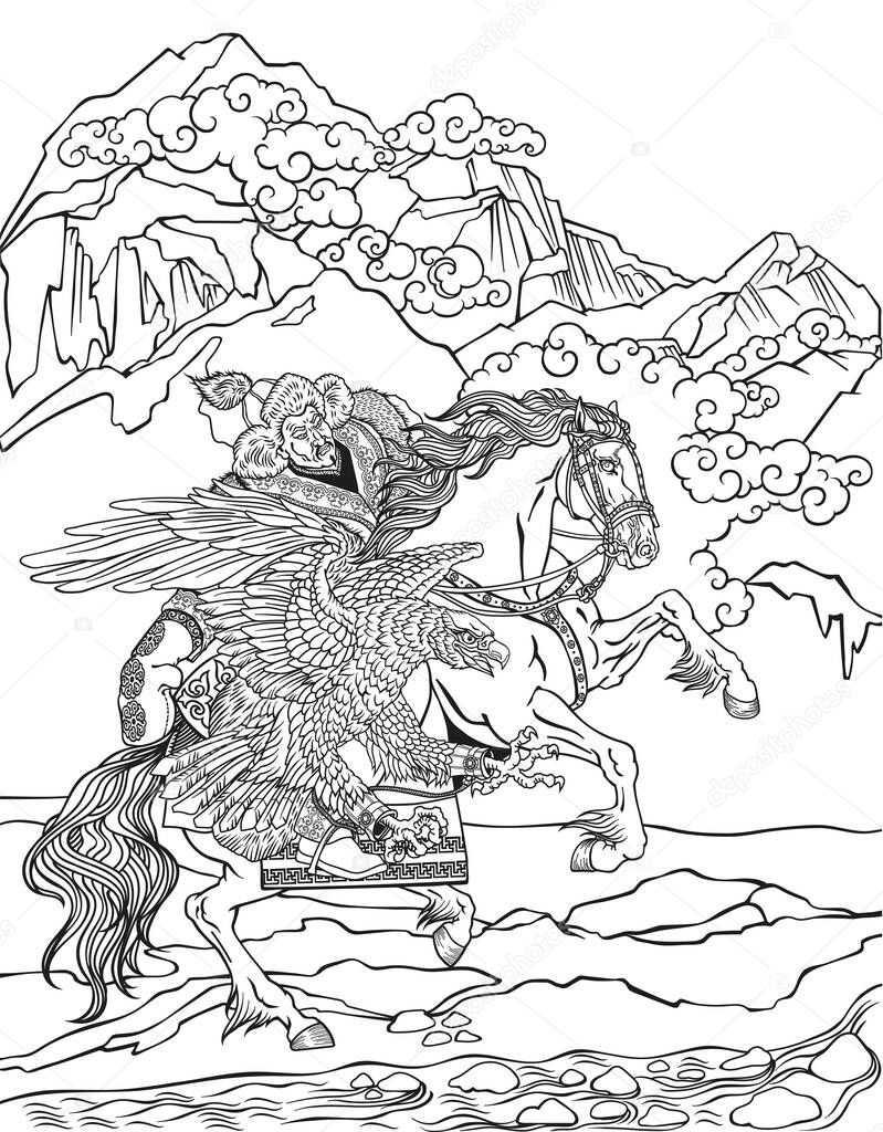 Hunting with a golden eagle on a horse. Kazakh nomad hunter wearing a fur jacket, hat and skin gloves and sitting on pony horseback in the gallop. Traditional falconry in the Eurasian Steppe. Black and white illustration