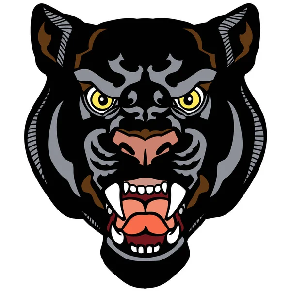 Head Panther Aggressive Black Leopard Front View Tattoo Style Vector — Stock Vector