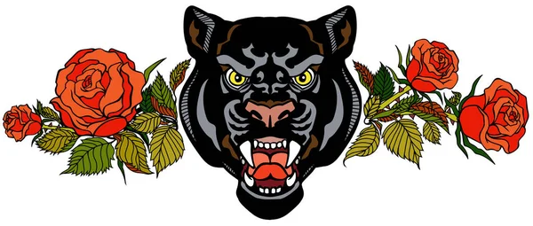 Head Black Panther Blooming Roses Angry Roaring Leopard Front View — Vector de stock